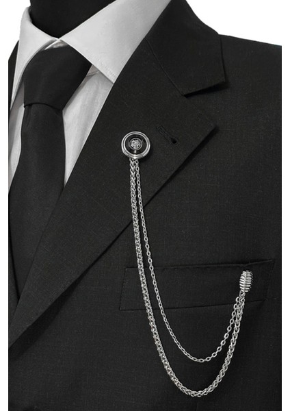 Gümüş Renk Siyah Desenli Ceket & Damatlık & Blazer Zincirli Yaka Aksesuarı fiyatları