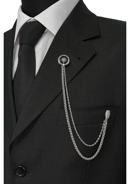 Gümüş Renk Siyah Desenli Ceket & Damatlık & Blazer Zincirli Yaka Aksesuarı modelleri