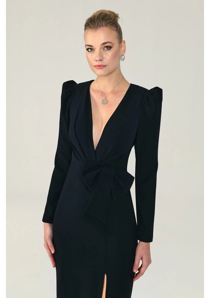 V Yaka Uzun Kollu Yırtmaçlı Uzun Elbise modelleri