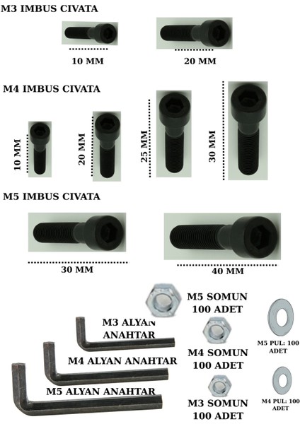 708 Parça (M3,m4,m5) Imbus Cıvata, Somun, Pul, Alyan Seti - 3 Adet Alyan Anahtar modelleri