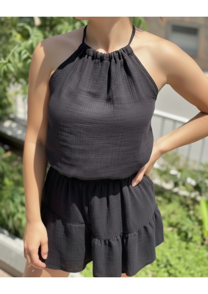 Kadın Siyah Müslin Alt Üst Takım Beli Lastikli Etek ve Bluz fırsatları