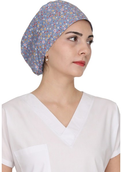 Mavi Çiçek Desenli Doktor Hemşire Aşçı Bonesi Unisex Cerrahi Bone