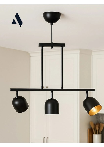 Noir 3’lü Modern Avize – Siyah Gövde, Içi Gold Başlık, Salon ve Mutfak Uyumlu Tavan Lambası