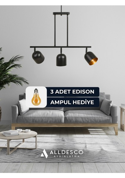 Noir 3’lü Modern Avize – Siyah Gövde, Içi Gold Başlık, Salon ve Mutfak Uyumlu Tavan Lambası fiyatları