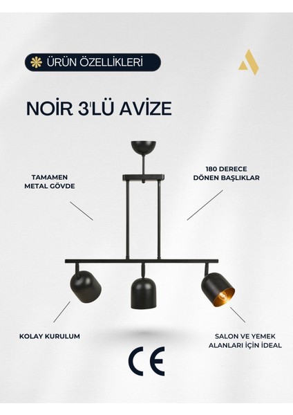 Noir 3’lü Modern Avize – Siyah Gövde, Içi Gold Başlık, Salon ve Mutfak Uyumlu Tavan Lambası fırsatları