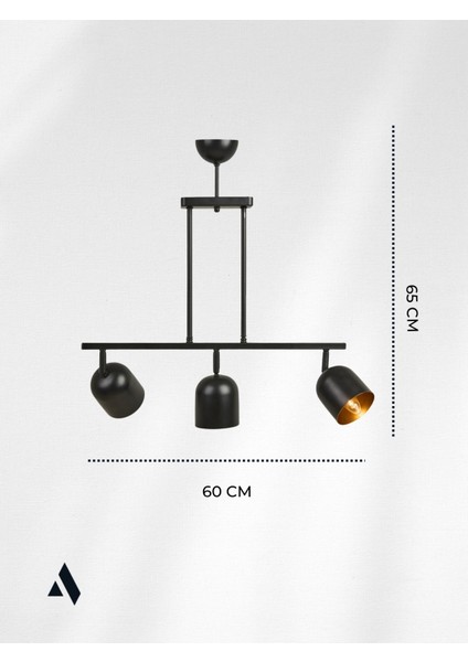 Noir 3’lü Modern Avize – Siyah Gövde, Içi Gold Başlık, Salon ve Mutfak Uyumlu Tavan Lambası