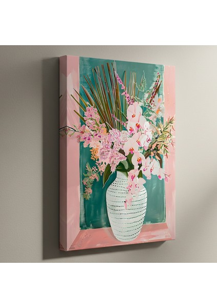 Modern Tarzı Pembe Orkideler ve Yeşil Fonlu Soyut Çiçek Resim Tablosu