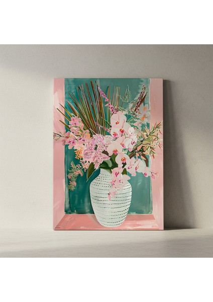 Modern Tarzı Pembe Orkideler ve Yeşil Fonlu Soyut Çiçek Resim Tablosu fiyatları