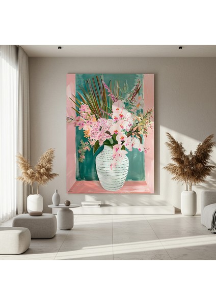 Modern Tarzı Pembe Orkideler ve Yeşil Fonlu Soyut Çiçek Resim Tablosu fırsatları