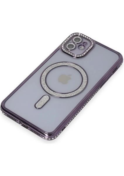 Apple iPhone 11 Kılıf Aurora Luxe Glitter Magsafe Kılıf – Premium Şeffaf Parıltılı Kapak - Derin Mor modelleri