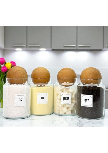 4'lü Ahşap Top Kapaklı Cam Çay Un Tuz Şeker Saklama Kavanozu Seti 800 ml fiyatları
