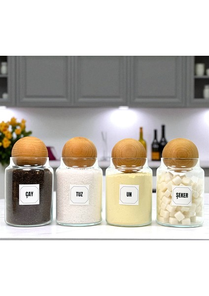 4'lü Ahşap Top Kapaklı Cam Çay Un Tuz Şeker Saklama Kavanozu Seti 800 ml modelleri