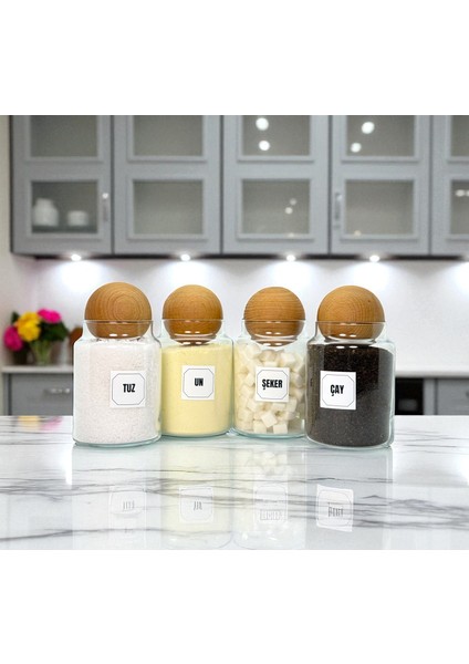 4'lü Ahşap Top Kapaklı Cam Çay Un Tuz Şeker Saklama Kavanozu Seti 800 ml fırsatları