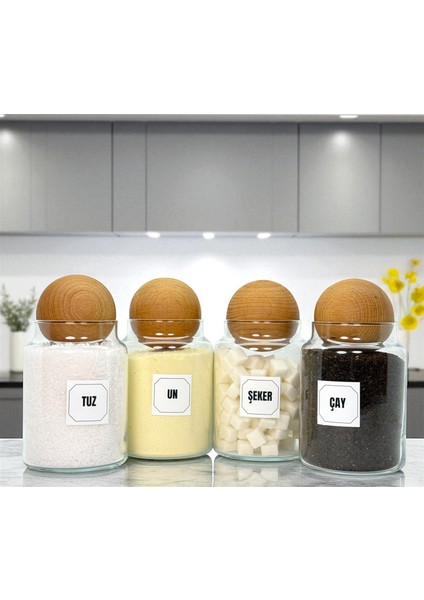 4'lü Ahşap Top Kapaklı Cam Çay Un Tuz Şeker Saklama Kavanozu Seti 800 ml indirimleri