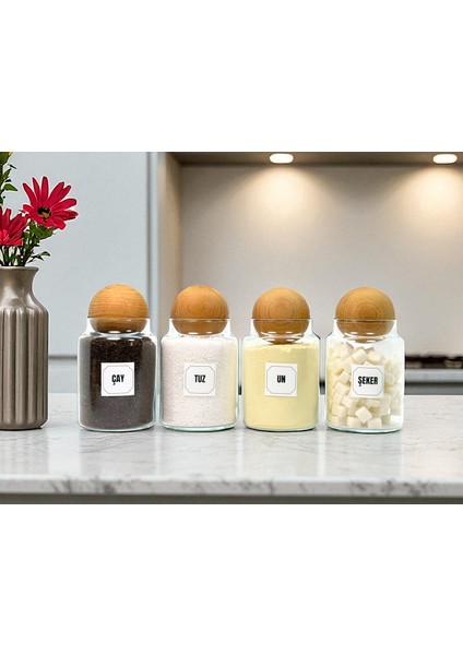 4'lü Ahşap Top Kapaklı Cam Çay Un Tuz Şeker Saklama Kavanozu Seti 800 ml