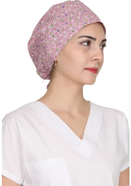 Pudra Pembe Mini Çiçek Desenli Doktor Hemşire Aşçı Bonesi Unisex Cerrahi Bone