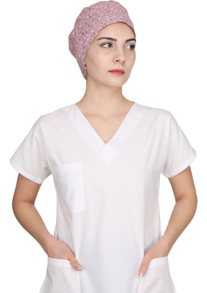 Pudra Pembe Mini Çiçek Desenli Doktor Hemşire Aşçı Bonesi Unisex Cerrahi Bone modelleri