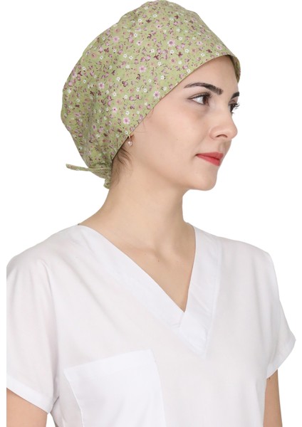 Yeşil Mini Çiçek Desenli Doktor Hemşire Aşçı Bonesi Unisex Cerrahi Bone