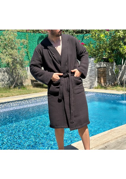 4 Katlı Müslin Kumaş Kapüşonlu Siyah Erkek Bornoz fiyatları