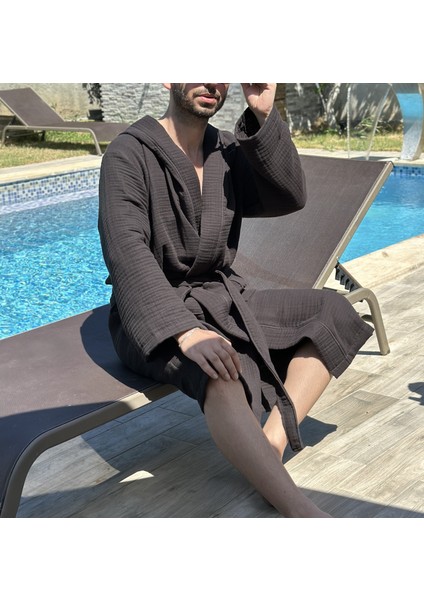 4 Katlı Müslin Kumaş Kapüşonlu Siyah Erkek Bornoz fırsatları