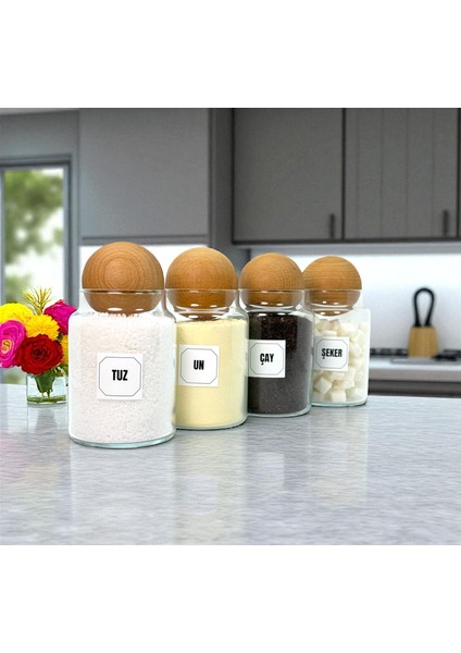 4'lü Ahşap Top Kapaklı Cam Çay Un Tuz Şeker Saklama Kavanozu Seti 800 ml