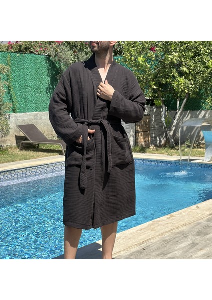 4 Katlı Müslin Kapüşonsuz Kimono / Bornoz / Sabahlık