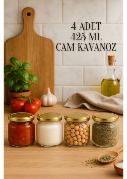 4 Adet 425 ml Metal Konserve Kapaklı Yoğurt, Sosluk, Baharatlık, Menemen 425 cc Cam Kavanoz