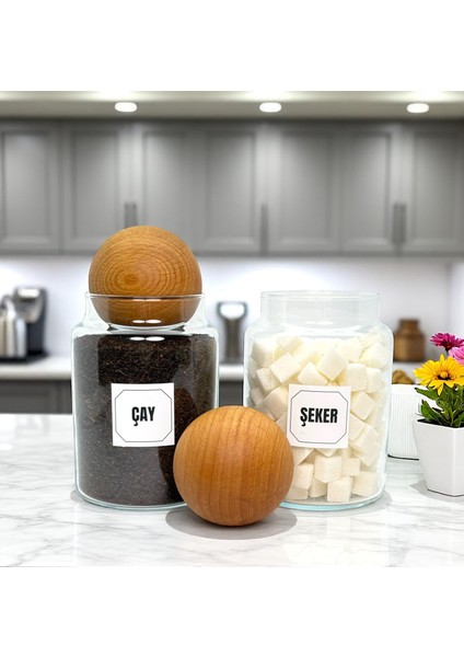 2'li Ahşap Top Kapaklı Cam Çay Şeker Saklama Kavanozu Seti 800 ml Etiket Hediyeli