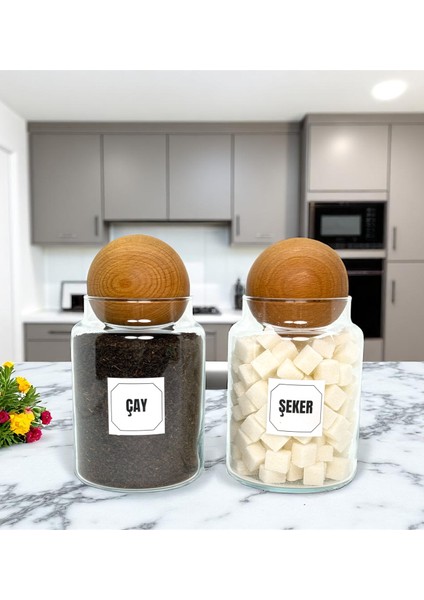 2'li Ahşap Top Kapaklı Cam Çay Şeker Saklama Kavanozu Seti 800 ml Etiket Hediyeli fiyatları