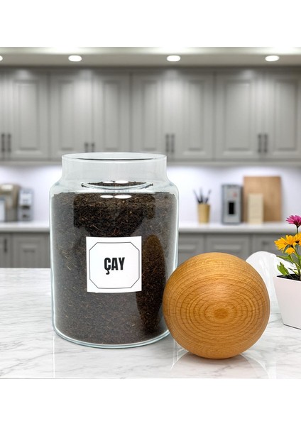 2'li Ahşap Top Kapaklı Cam Çay Şeker Saklama Kavanozu Seti 800 ml Etiket Hediyeli fırsatları