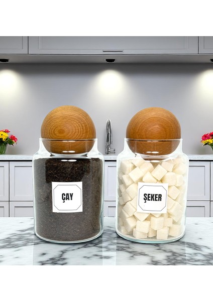 2'li Ahşap Top Kapaklı Cam Çay Şeker Saklama Kavanozu Seti 800 ml Etiket Hediyeli indirimleri