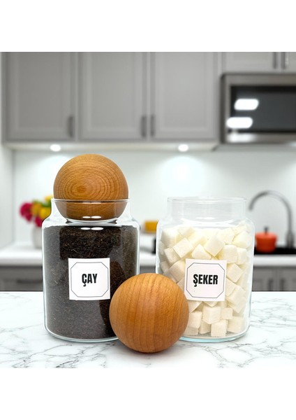 2'li Ahşap Top Kapaklı Cam Çay Şeker Saklama Kavanozu Seti 800 ml Etiket Hediyeli