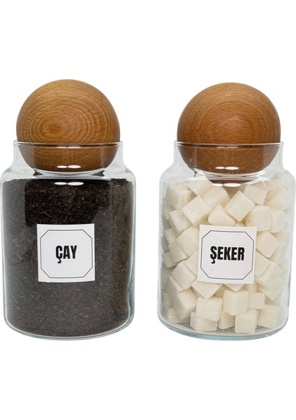 2'li Ahşap Top Kapaklı Cam Çay Şeker Saklama Kavanozu Seti 800 ml Etiket Hediyeli