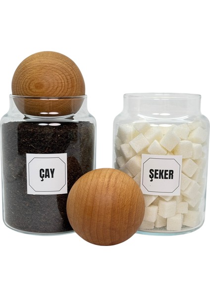 2'li Ahşap Top Kapaklı Cam Çay Şeker Saklama Kavanozu Seti 800 ml Etiket Hediyeli