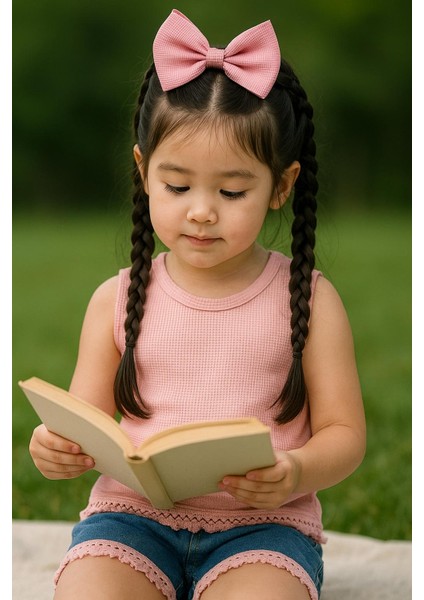 Püskül Detaylı Kız Çocuk Pembe Renkli Kot Şort Alt-Üst Takım