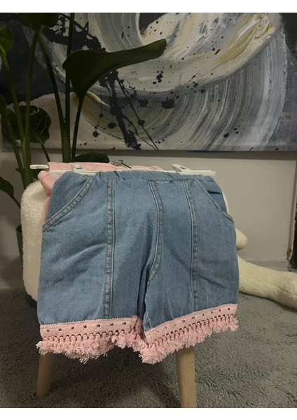 Püskül Detaylı Kız Çocuk Pembe Renkli Kot Şort Alt-Üst Takım fırsatları