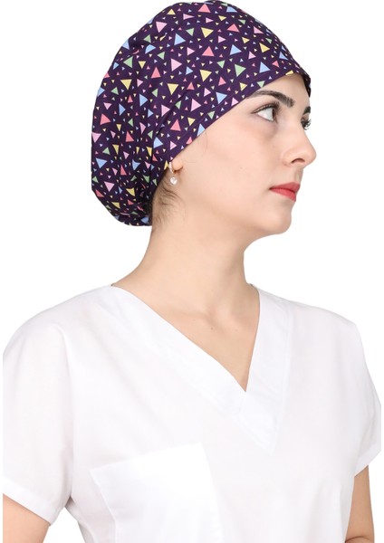 Mor Renkli Üçgen Desenli Doktor Hemşire Aşçı Bonesi Unisex