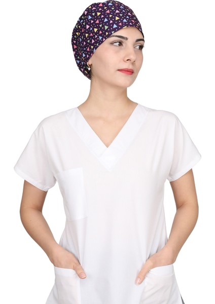 Mor Renkli Üçgen Desenli Doktor Hemşire Aşçı Bonesi Unisex modelleri
