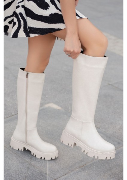 Anders Krem Cilt Fermuar Detaylı Kadın Çizme