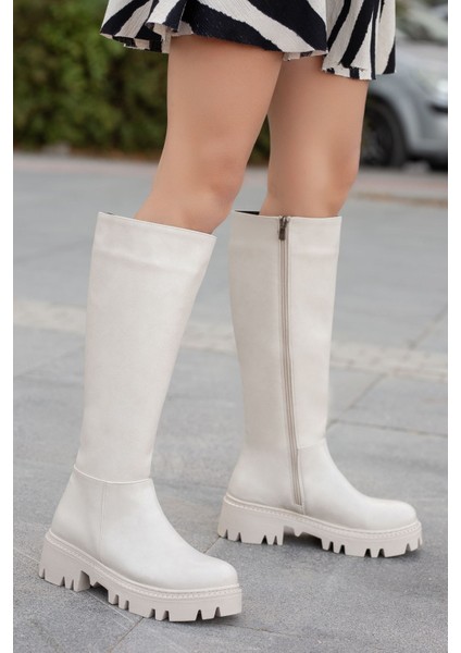Anders Krem Cilt Fermuar Detaylı Kadın Çizme modelleri