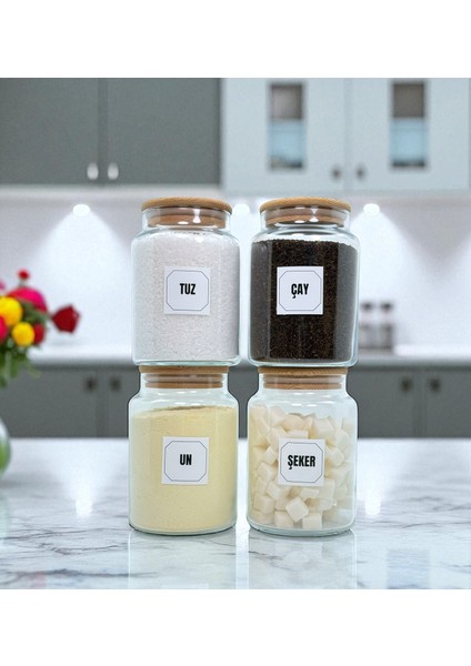 4'lü Ahşap Vakum Kapaklı Cam Çay Un Tuz Şeker Saklama Kavanozu Seti 800 ml indirimleri