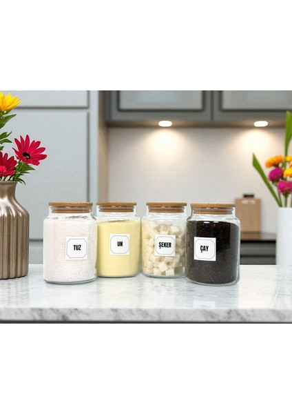 4'lü Ahşap Vakum Kapaklı Cam Çay Un Tuz Şeker Saklama Kavanozu Seti 800 ml