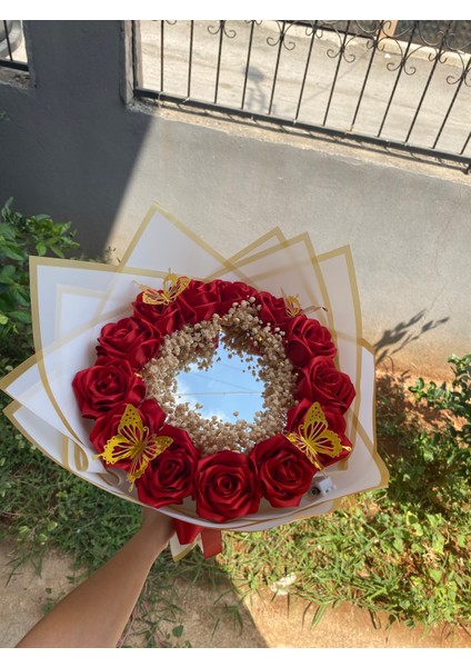 Aynalı Ledli Kelebekli Yapay Gül Buketi Gercek Gorunumlu Yapay Çicek