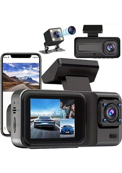 3 Kameralı Araç Kamerası Wi-Fi, G-Sensör, Park Modu, Hdr, 170° Geniş Açı, Döngü Kaydı, Mobil Uyg.