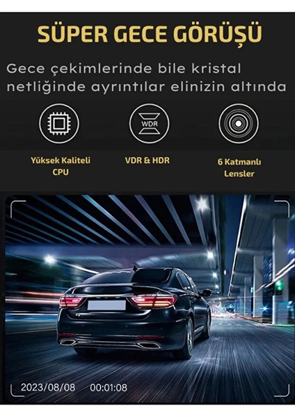 3 Kameralı Araç Kamerası Wi-Fi, G-Sensör, Park Modu, Hdr, 170° Geniş Açı, Döngü Kaydı, Mobil Uyg.