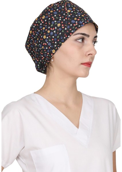 Siyah Mini Çiçek Desenli Doktor Hemşire Aşçı Bonesi Unisex Cerrahi Bone