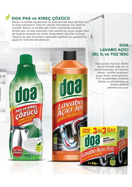 Doa Pas ve Kireç Çözücü 900 ml & Lavabo Açıcı Jel 1 L & ve Toz 150 G