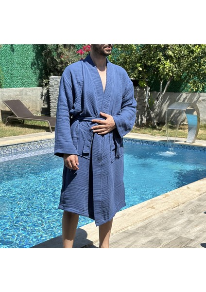 4 Katlı Müslin Kapüşonsuz Kimono / Bornoz / Sabahlık