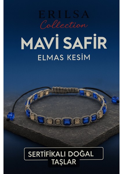 Sertifikalı Küp Kesim Terahertz Mavi Safir Doğal Taş Bileklik – Ince Model 5mm