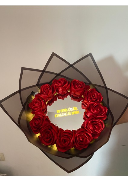 Gercek Görünümlü Ayna Yazılı Ortası Ledli Yapay Gül Buketi Yapay Çicek fırsatları